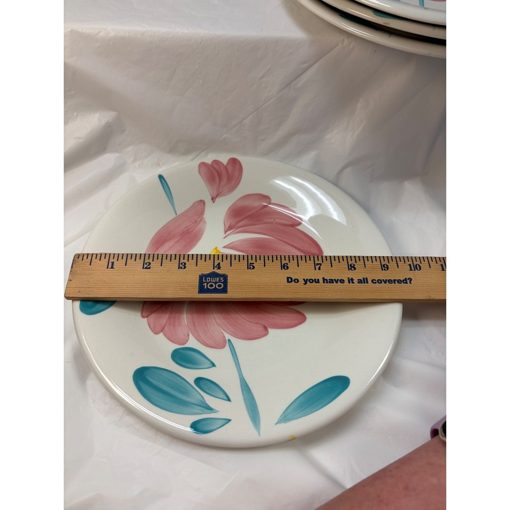 Pier 1 Imports Hand Painted Italy Pink Floral Ceramic Plates Set of 4 Teal 8.25" - Picture 4 of 8